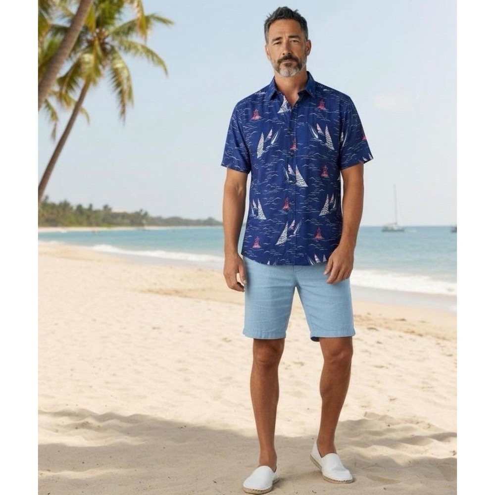 IZOD Saltwater Button Down Shirt Mens Medium Blue Nautical Sailboat Short Sleeve